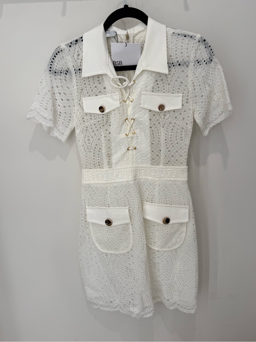 BSB Collection White Lace Utility Mini Dress – Size 38 – NWT
